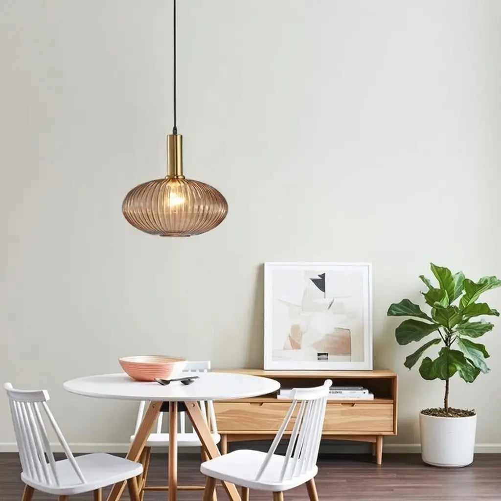 Suspension avec verre cannelé et éléments en métal Art déco