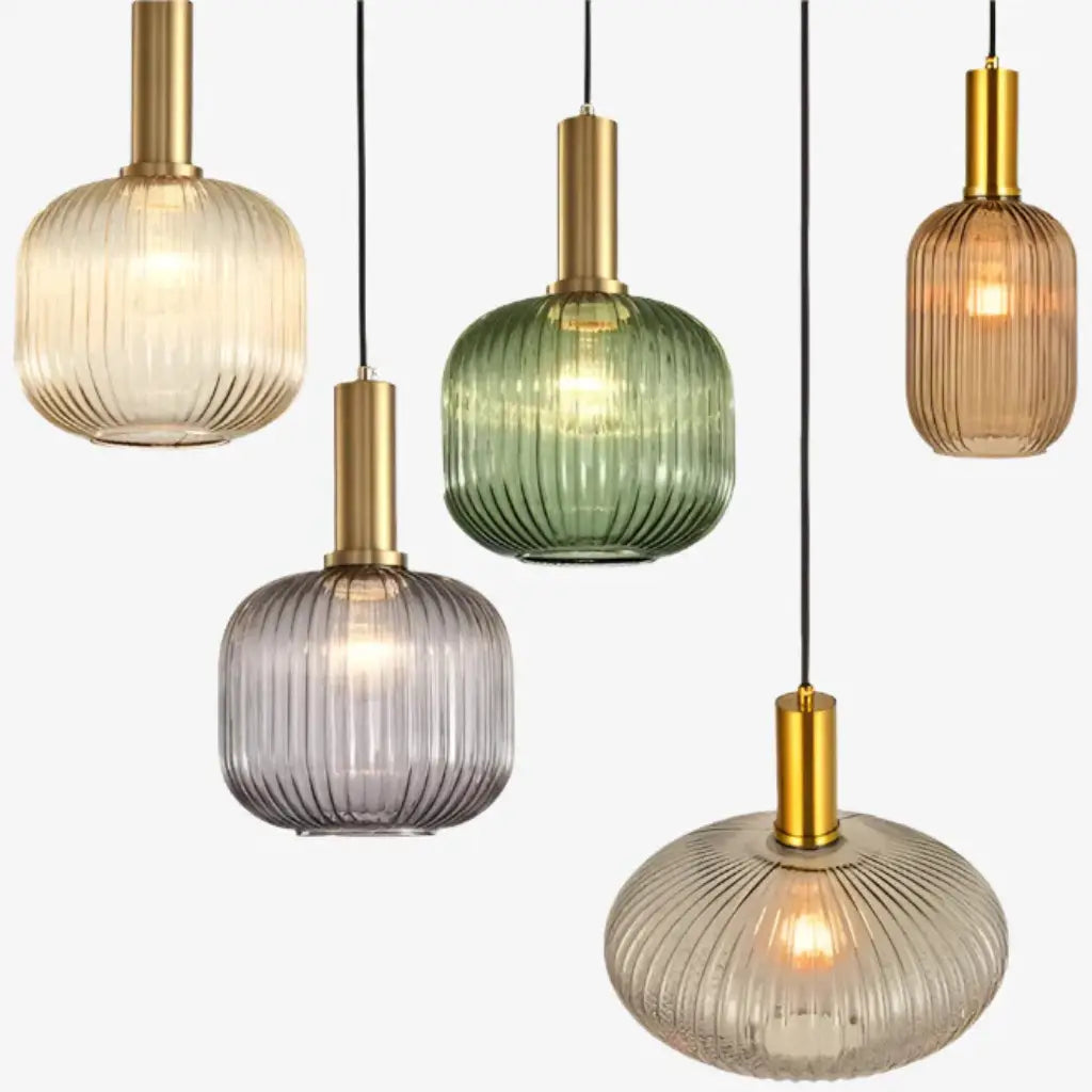 Suspension avec verre cannelé et éléments en métal Art déco