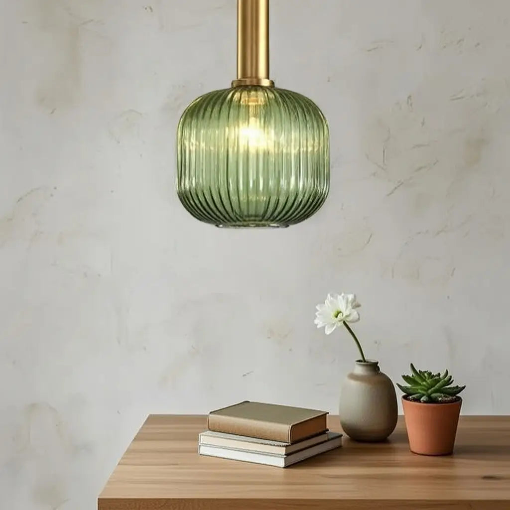Suspension avec verre cannelé et éléments en métal Art déco