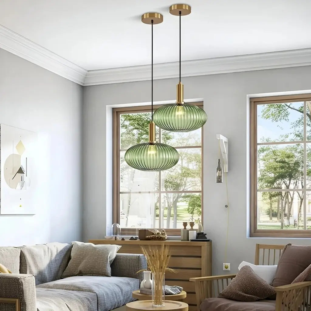 Suspension avec verre cannelé et éléments en métal Art déco