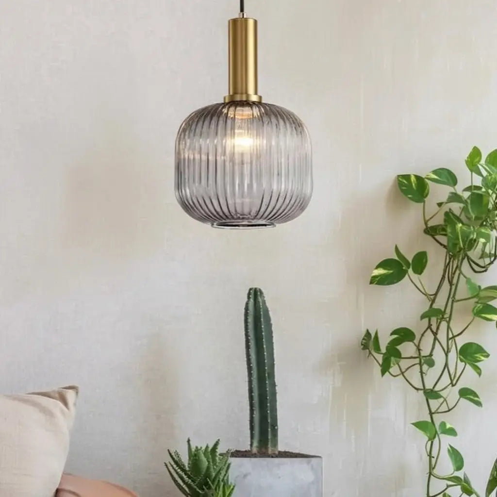 Suspension avec verre cannelé et éléments en métal Art déco