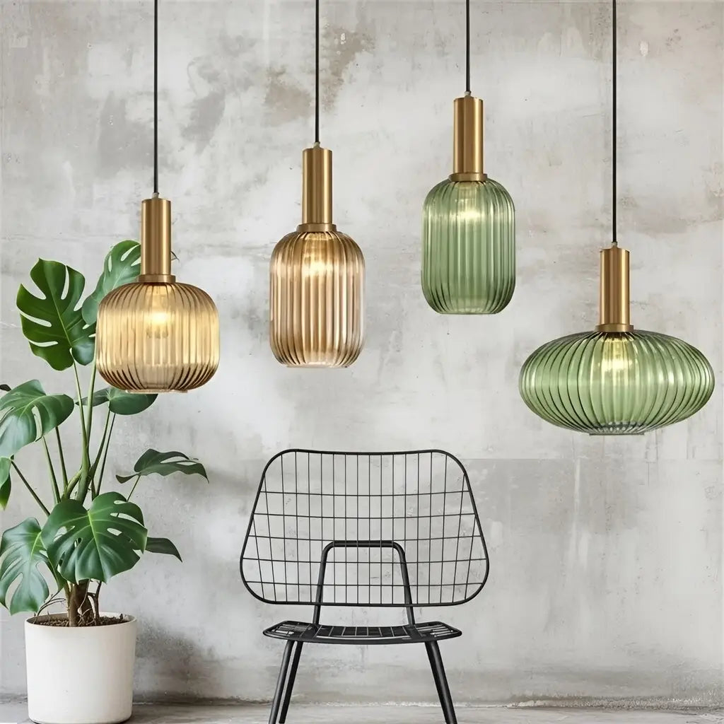 Suspension avec verre cannelé et éléments en métal Art déco