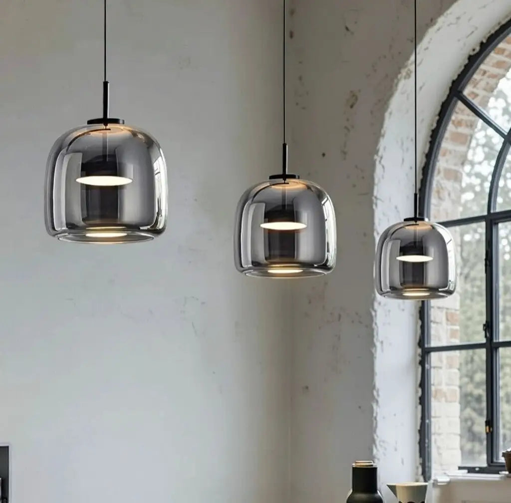 Pendant Light with Hand-Blown Smoked Glass Bell Shade and LED