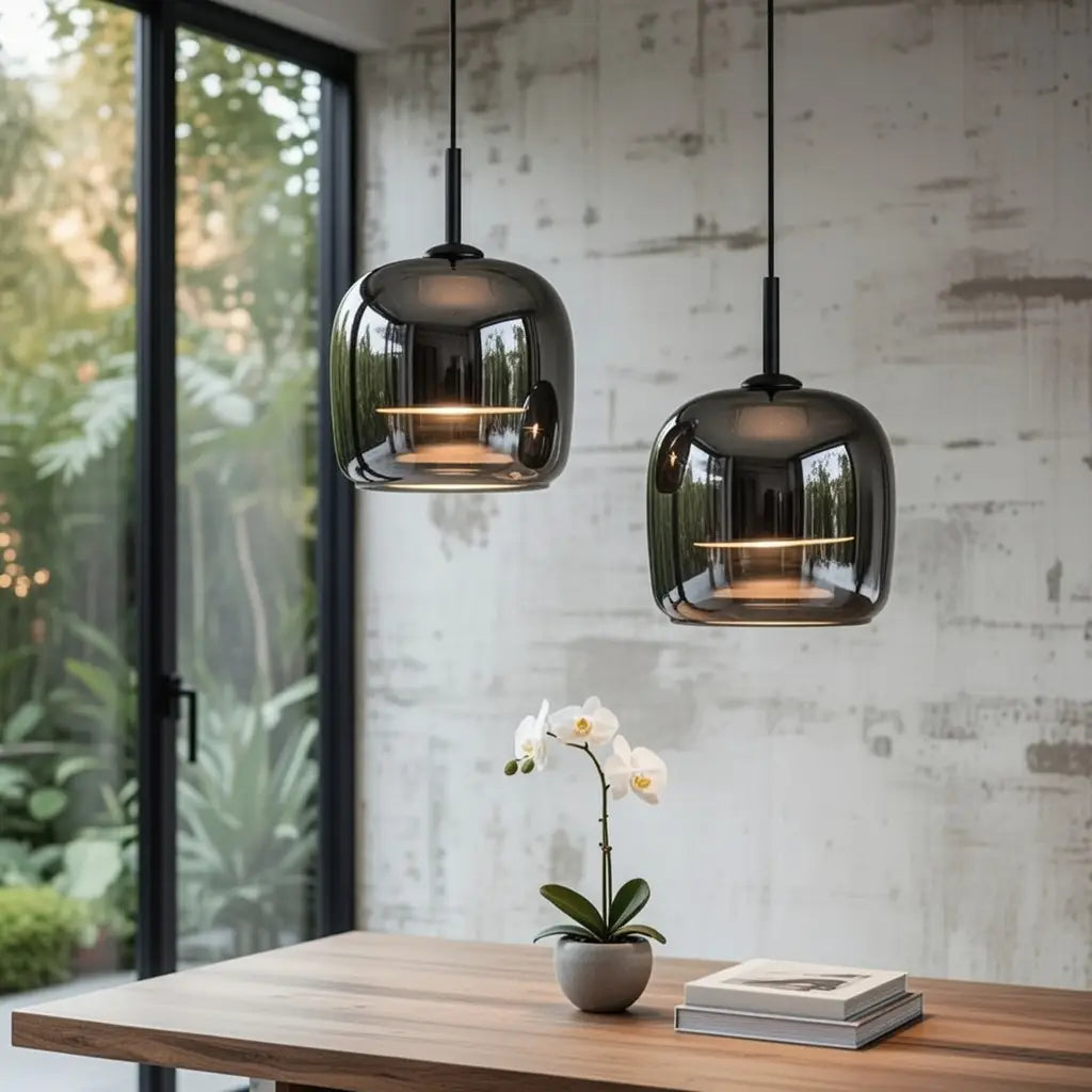 Suspension LED avec abat-jour cloche en verre fumé soufflé à la main