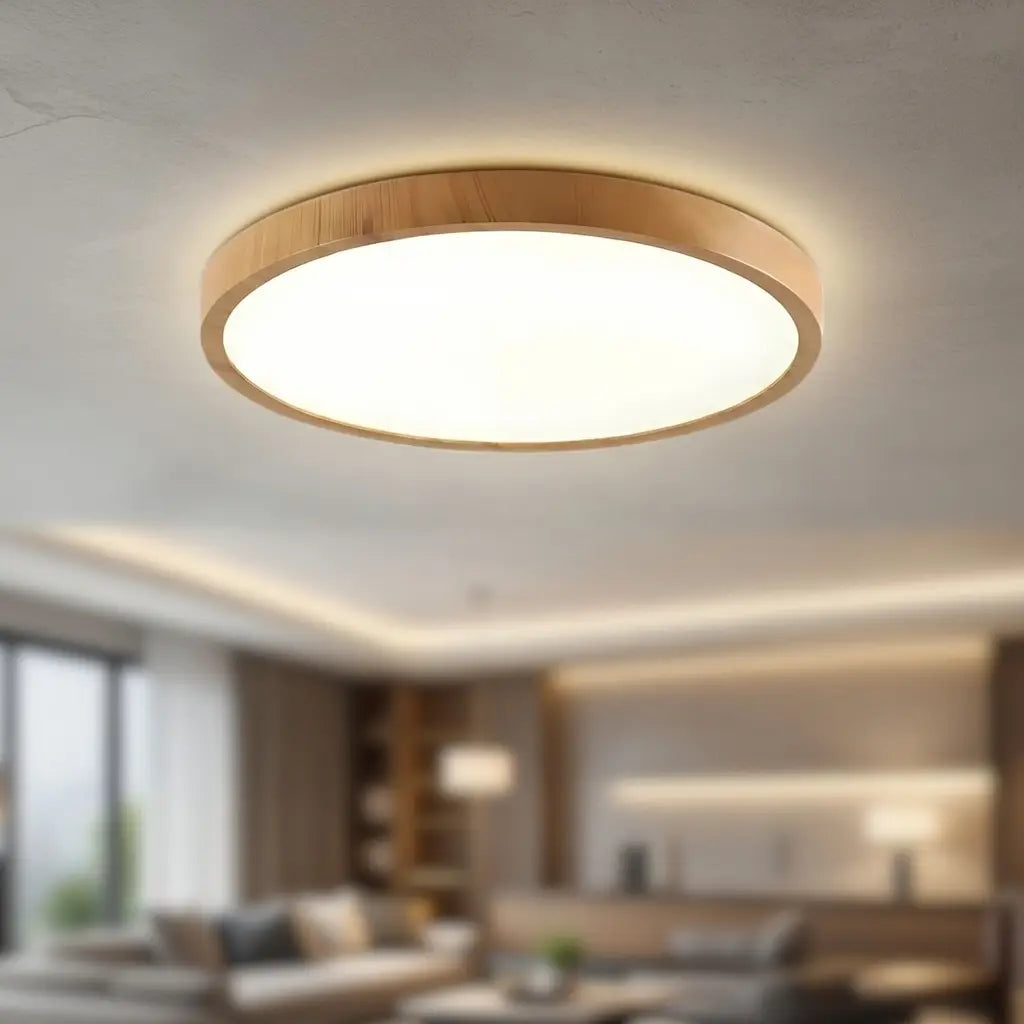 Plafoniera LED a conchiglia con cornice effetto legno, ultra sottile e aderente al soffitto