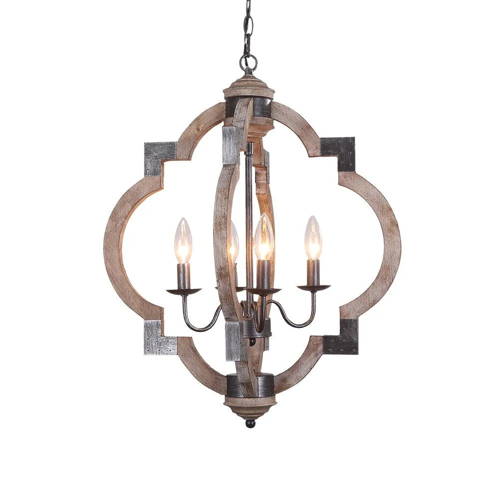 Chandelier Lighting with 4-Light Wood and Iron Lantern Frame in Black