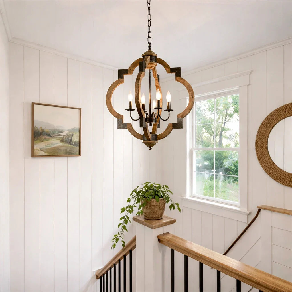 Chandelier Lighting with 4-Light Wood and Iron Lantern Frame in Black