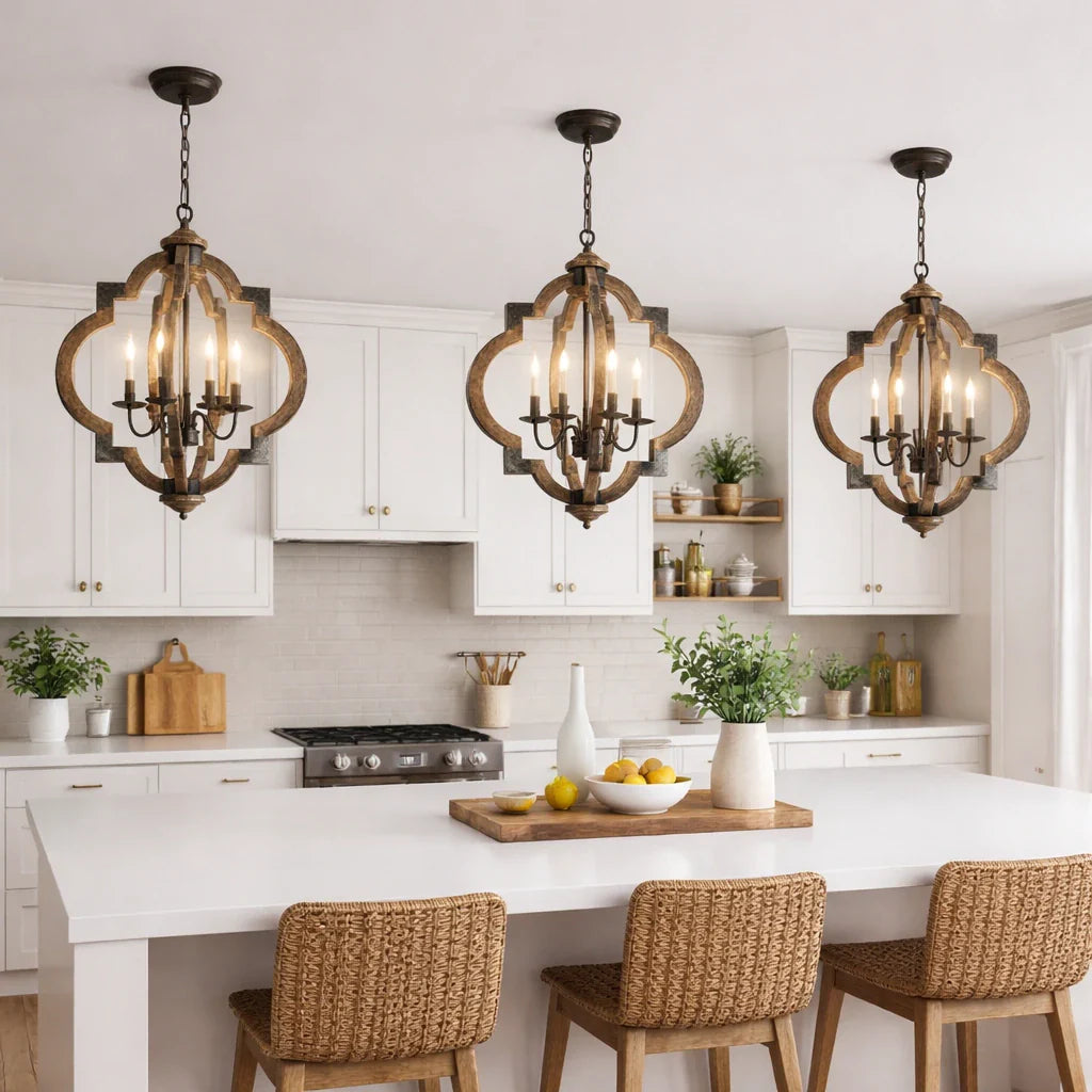 Chandelier Lighting with 4-Light Wood and Iron Lantern Frame in Black
