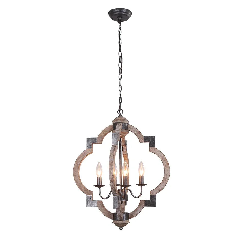 Chandelier Lighting with 4-Light Wood and Iron Lantern Frame in Black