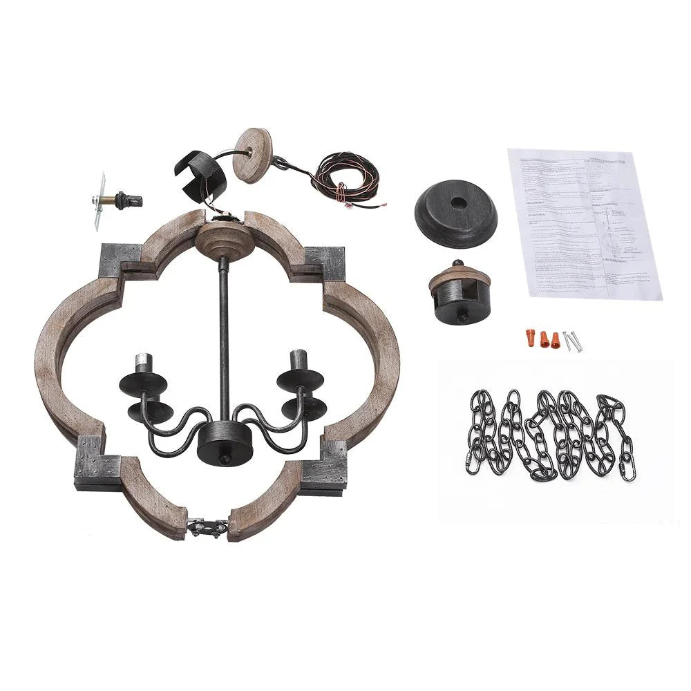 Chandelier Lighting with 4-Light Wood and Iron Lantern Frame in Black