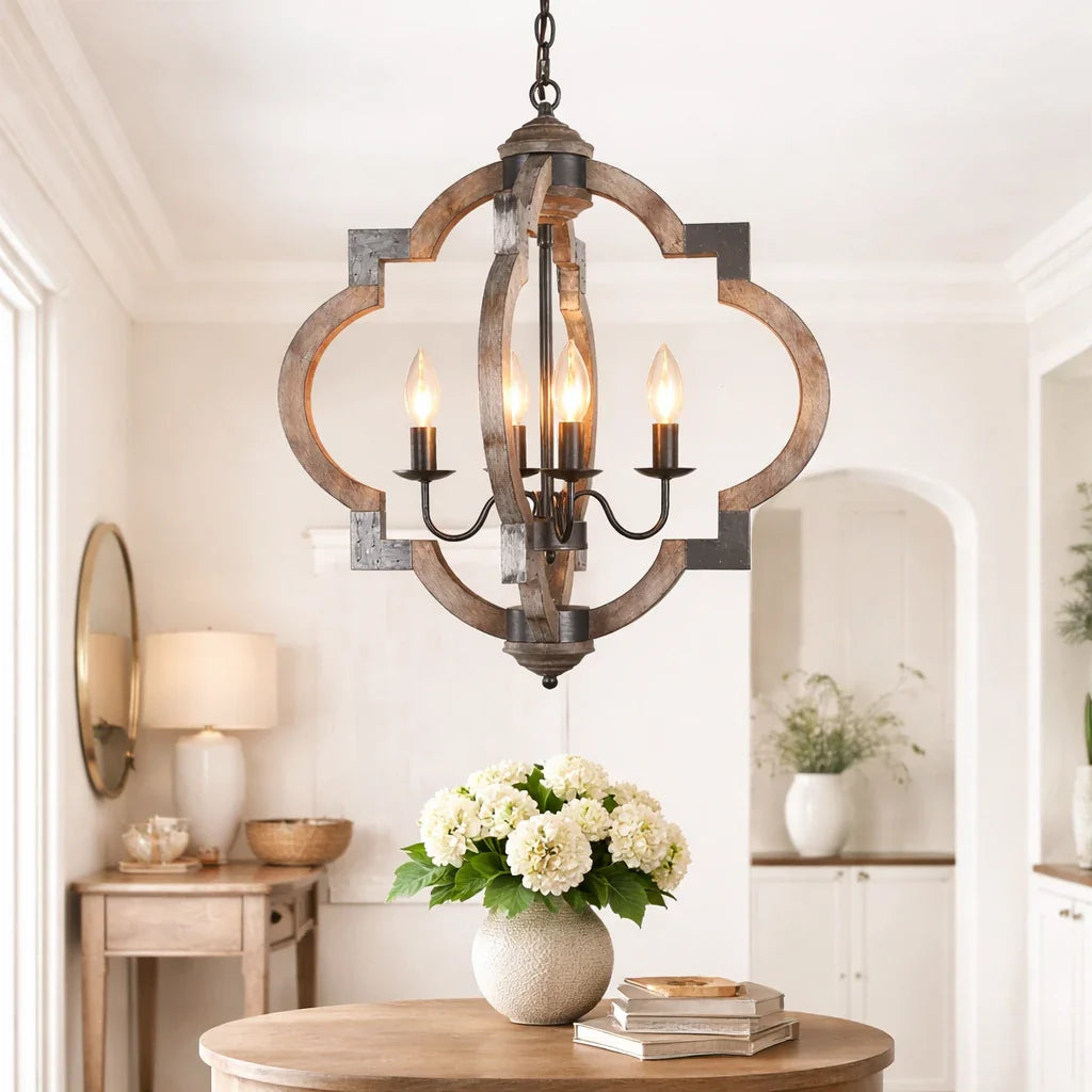 Lustre à 4 lumières avec structure de lanterne en bois et en fer noir