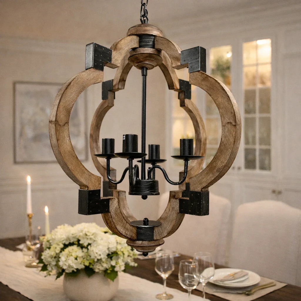 Chandelier Lighting with 4-Light Wood and Iron Lantern Frame in Black