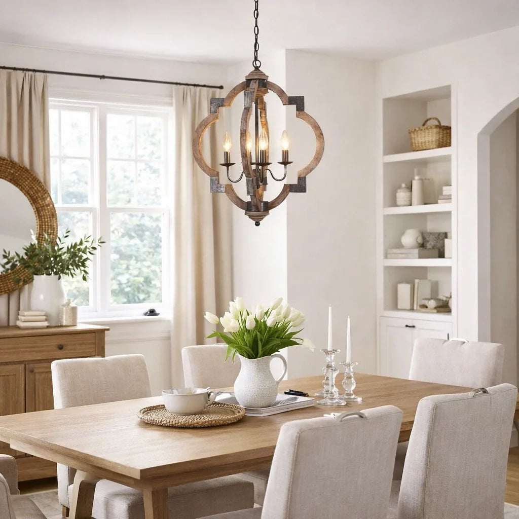 Chandelier Lighting with 4-Light Wood and Iron Lantern Frame in Black