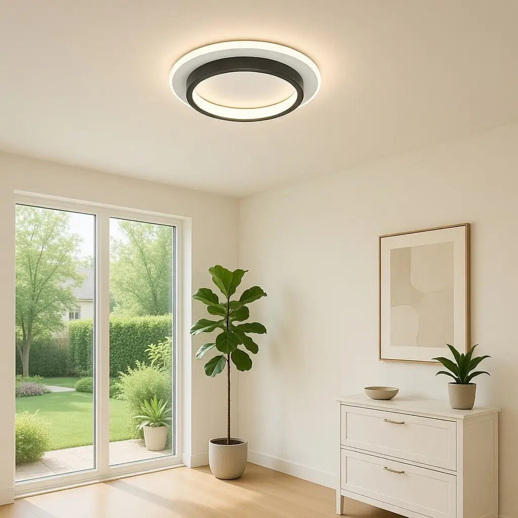 Plafoniera LED a conchiglia con anello luminoso e illuminazione a doppio strato, aderente al soffitto