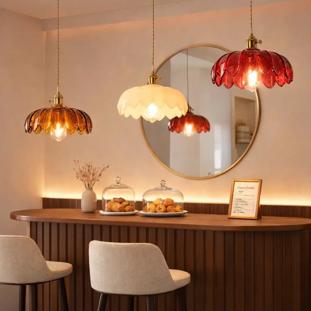 Pendelleuchte mit geriffeltem Glasschirm und Messingfassung für Esszimmer und Kücheninsel