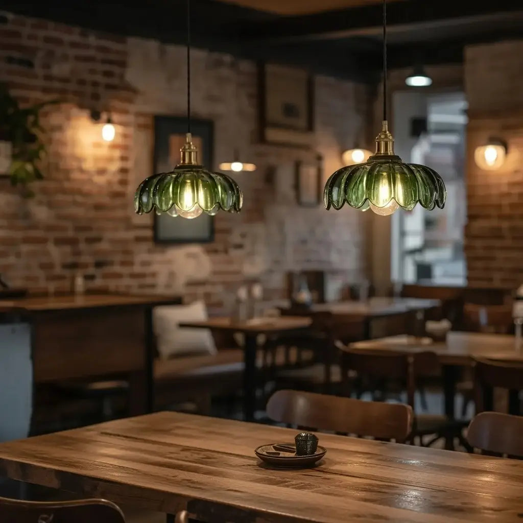 Pendelleuchte mit geriffeltem Glasschirm und Messingfassung für Esszimmer und Kücheninsel
