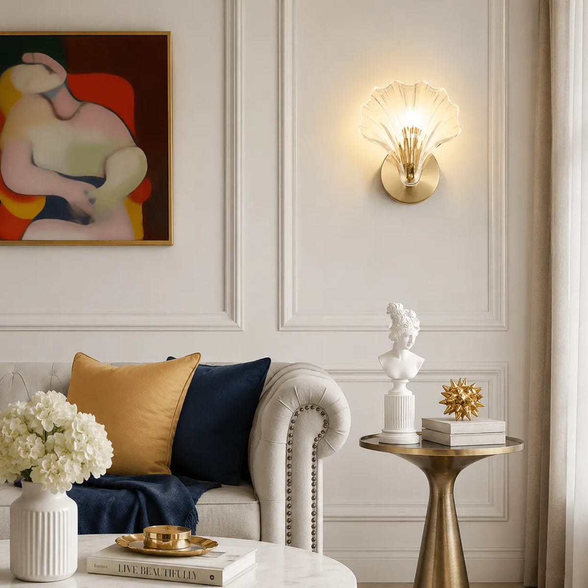 Lounge Wall Lights with Seashell Glass and Brass Accent Modern Sconce
