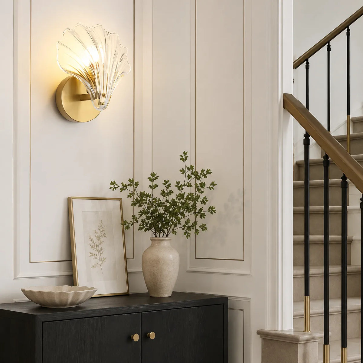Lounge Wall Lights with Seashell Glass and Brass Accent Modern Sconce