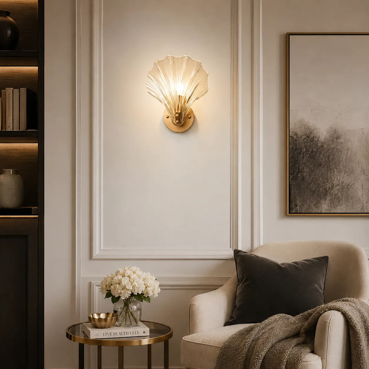 Lounge Wall Lights with Seashell Glass and Brass Accent Modern Sconce