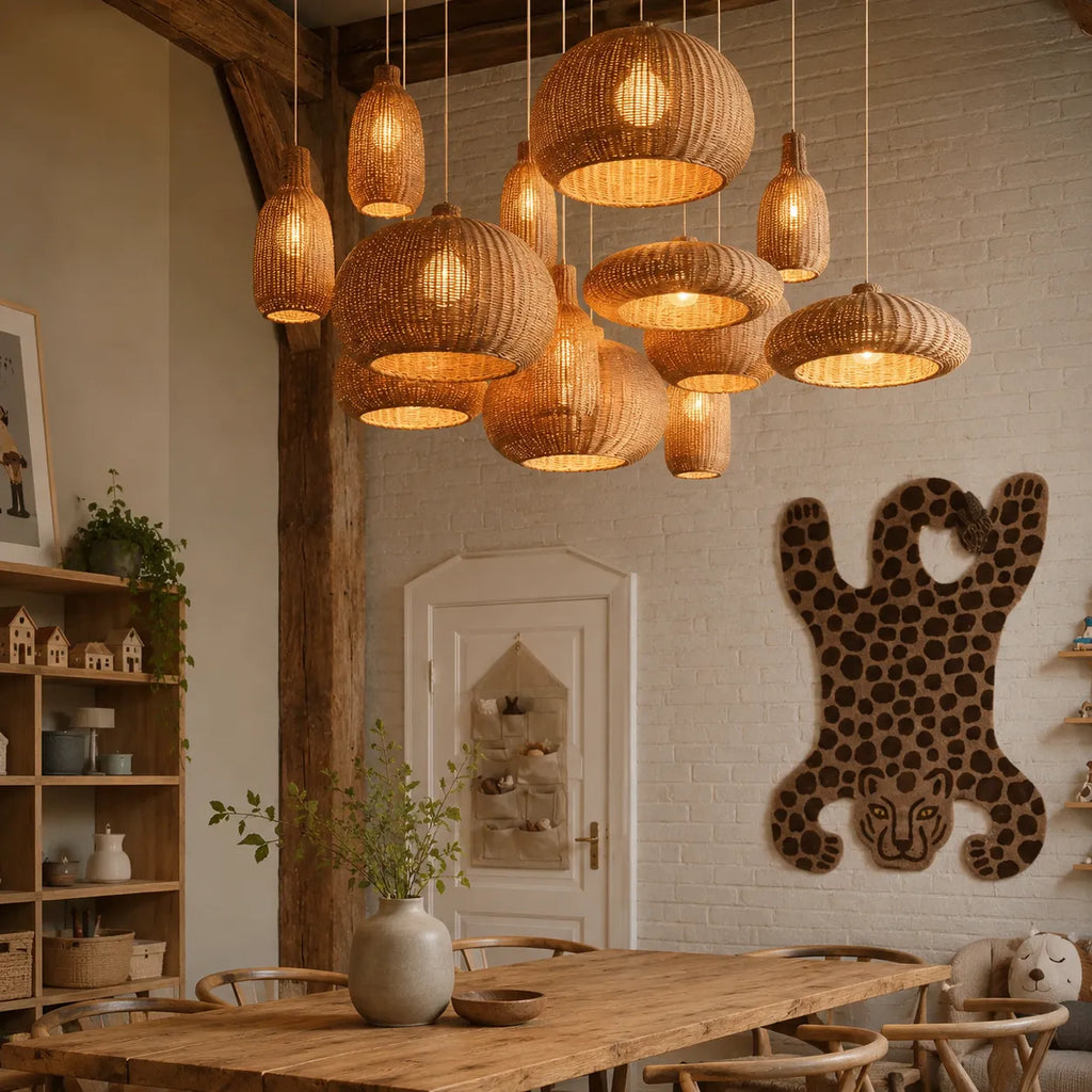 Handwoven Rattan Pendant Light with Adjustable Suspension for Dining Room and Living