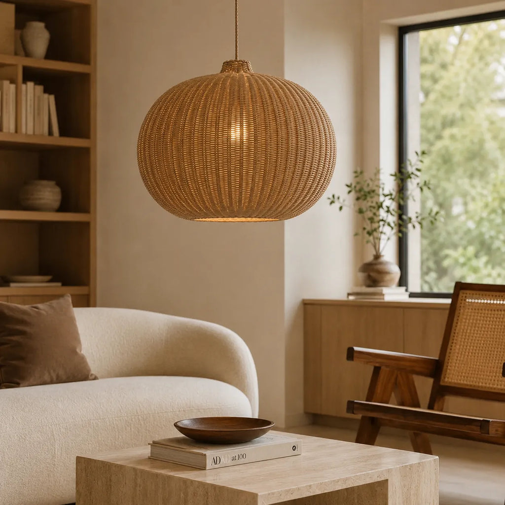 Handwoven Rattan Pendant Light with Adjustable Suspension for Dining Room and Living