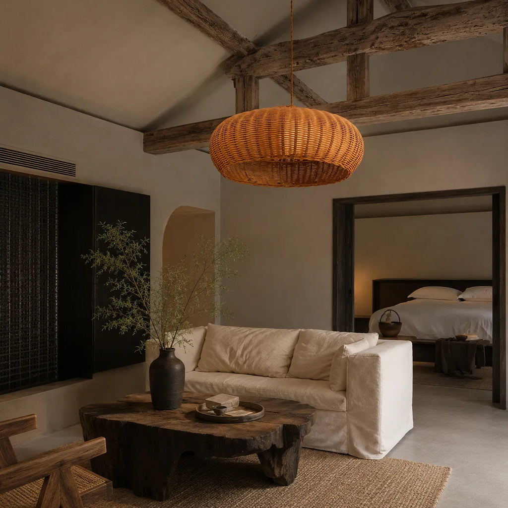 Handwoven Rattan Pendant Light with Adjustable Suspension for Dining Room and Living
