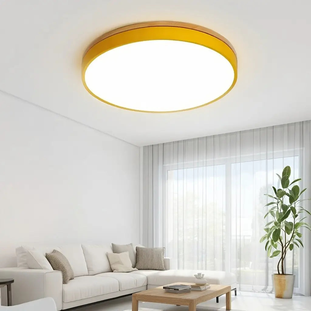Plafonnier LED avec détail en bois naturel, pour chambre et couloir