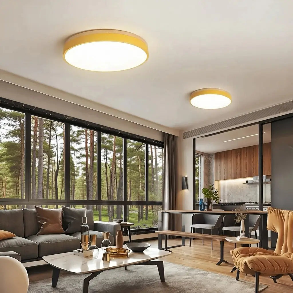 Plafonnier LED avec détail en bois naturel, pour chambre et couloir