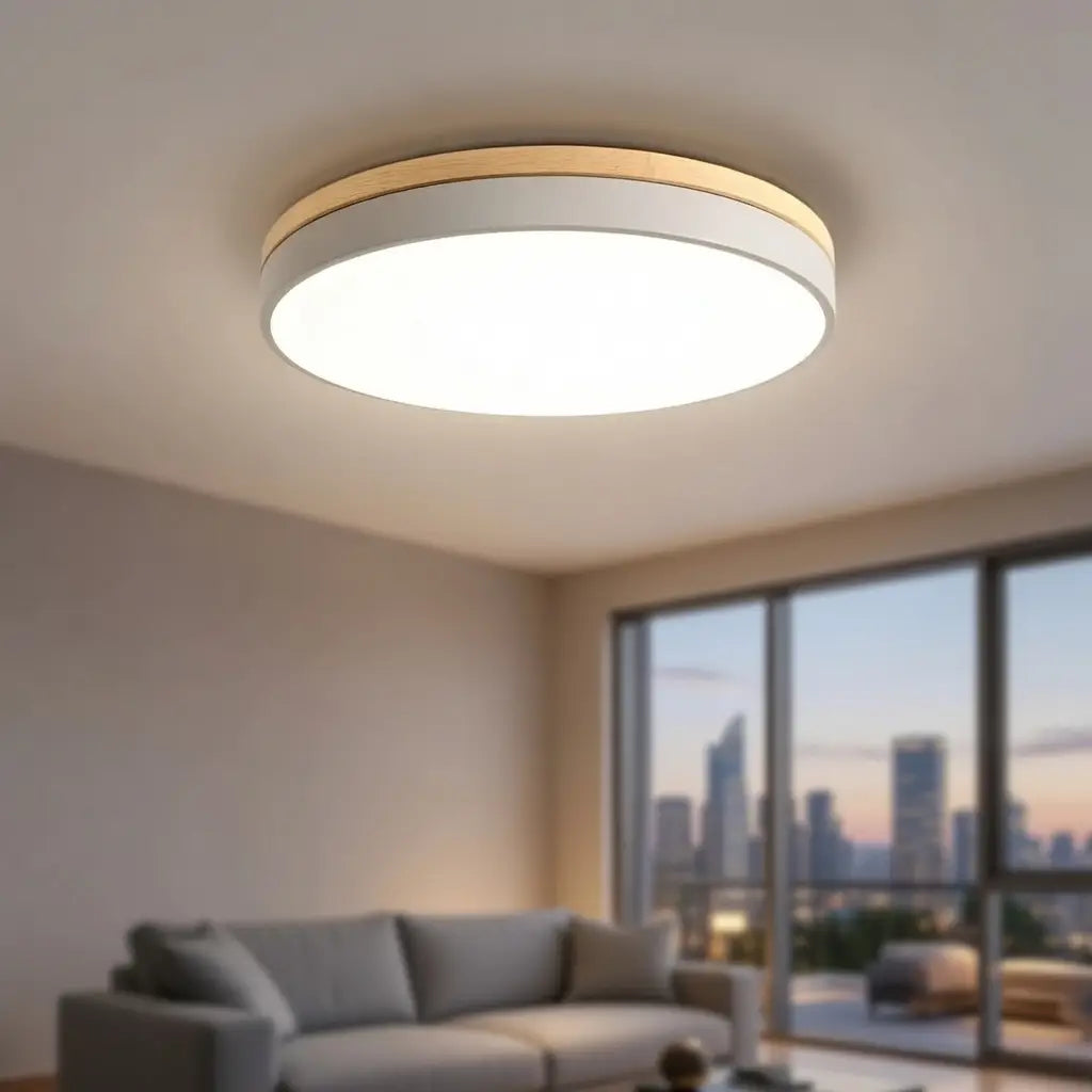 Plafonnier LED avec détail en bois naturel, pour chambre et couloir