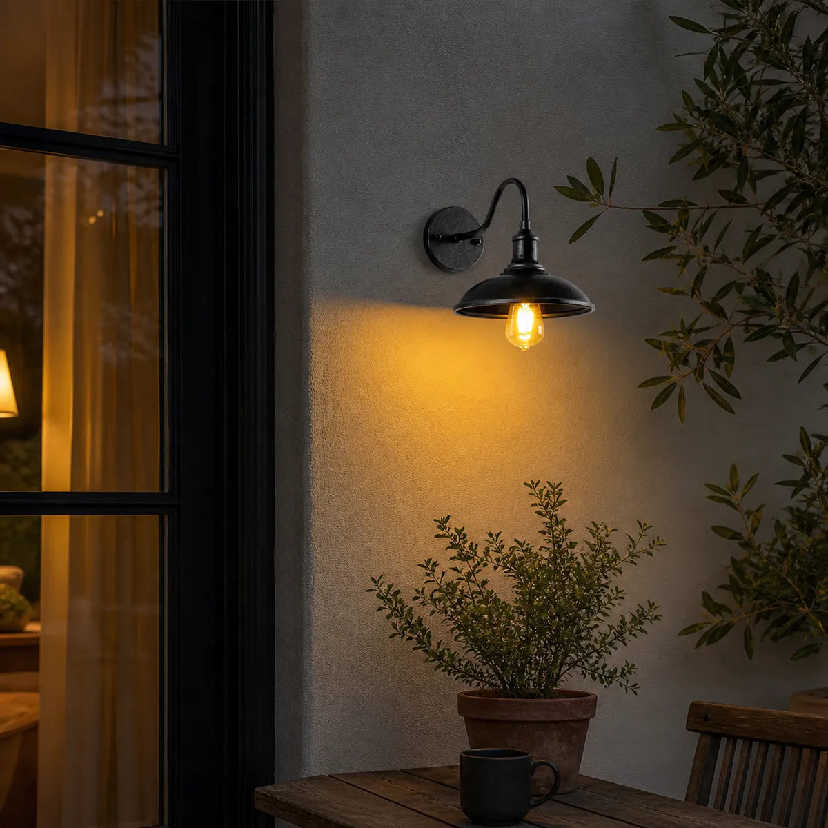 Outdoor Wall Light with Gooseneck Arm and Bowl Shade for Exterior Lighting