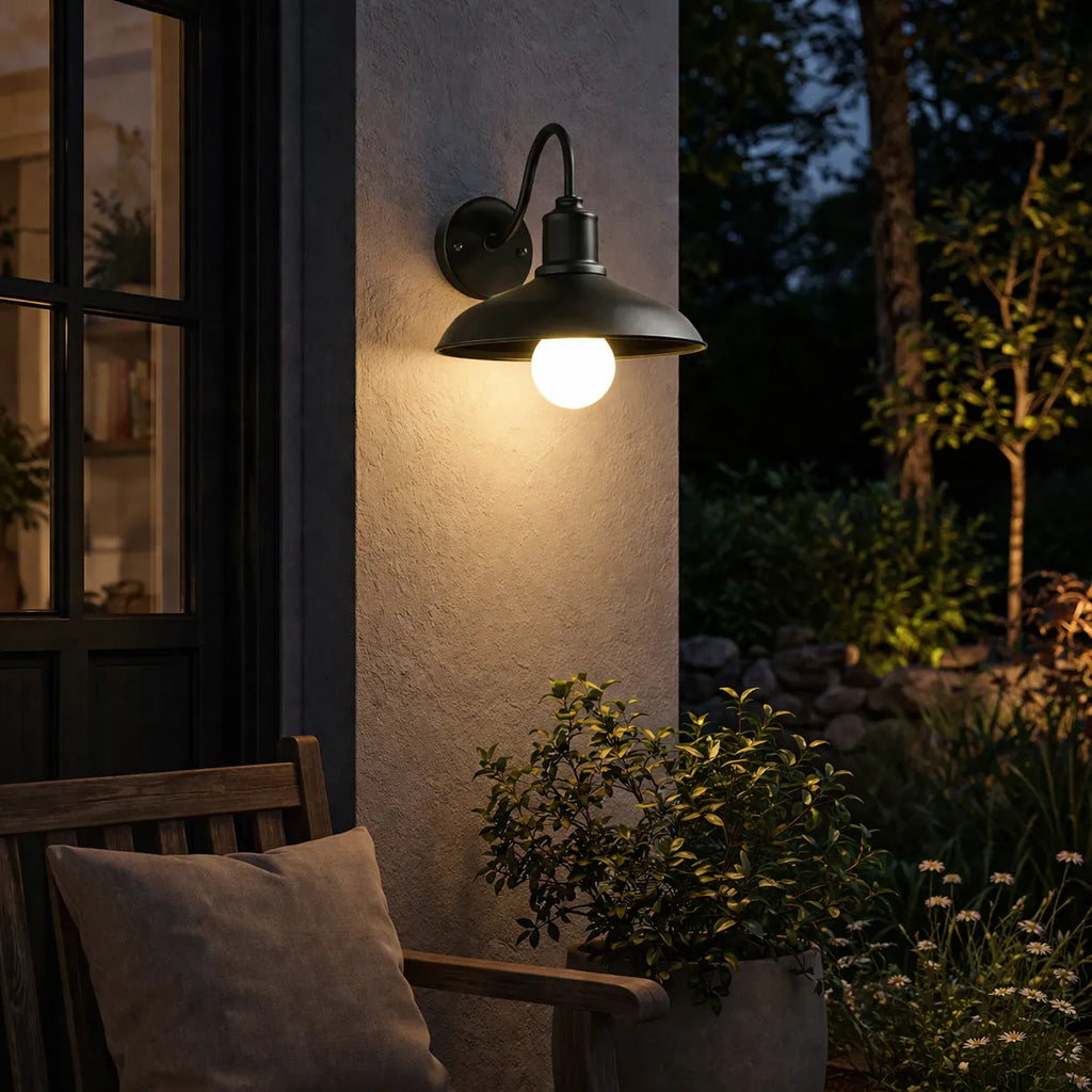 Outdoor Wall Light with Gooseneck Arm and Bowl Shade for Exterior Lighting