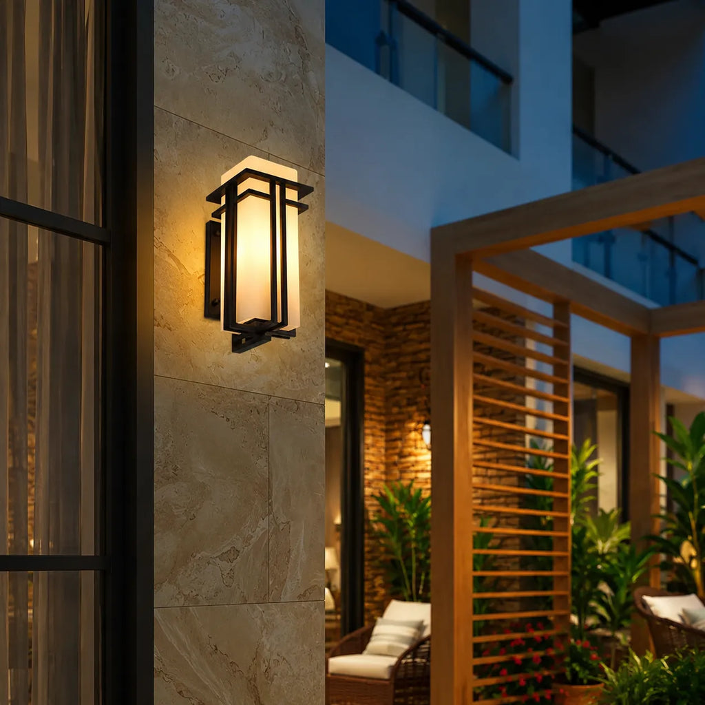 Outdoor Wall Sconce with Frosted Glass and Industrial Iron Frame Weatherproof Exterior Light