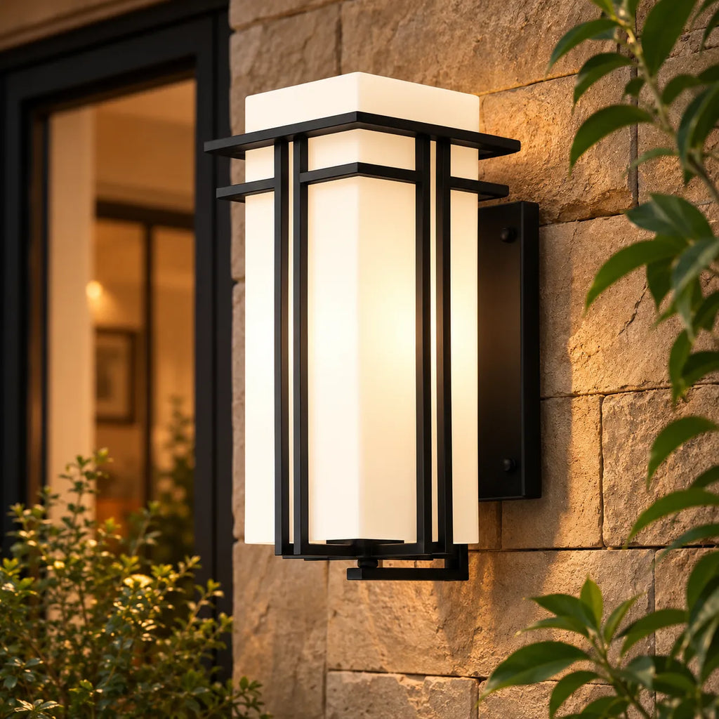 Outdoor Wall Sconce with Frosted Glass and Industrial Iron Frame Weatherproof Exterior Light
