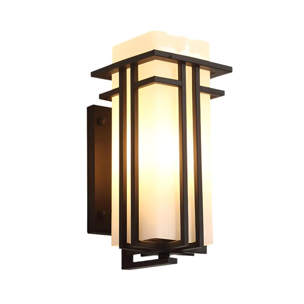 Outdoor Wall Sconce with Frosted Glass and Industrial Iron Frame Weatherproof Exterior Light