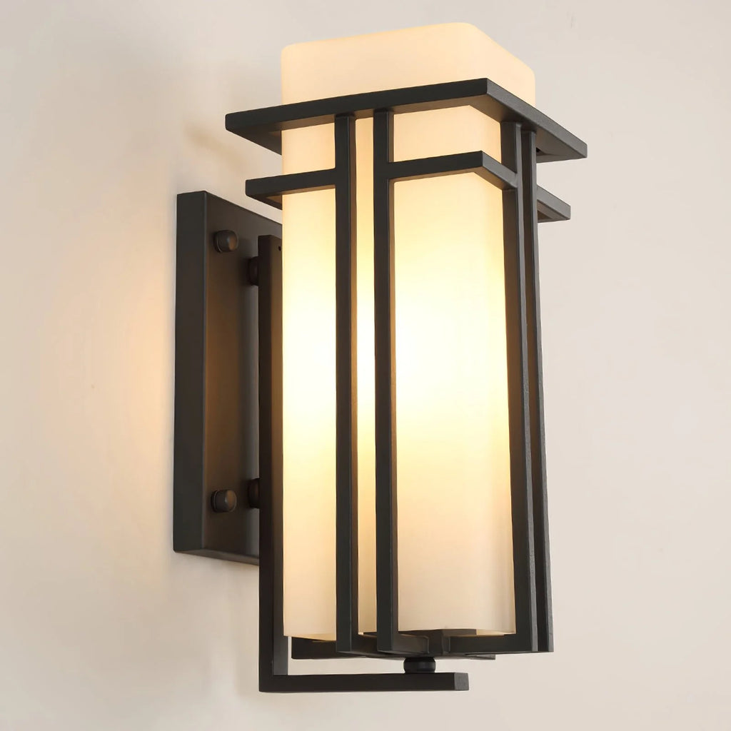 Outdoor Wall Sconce with Frosted Glass and Industrial Iron Frame Weatherproof Exterior Light