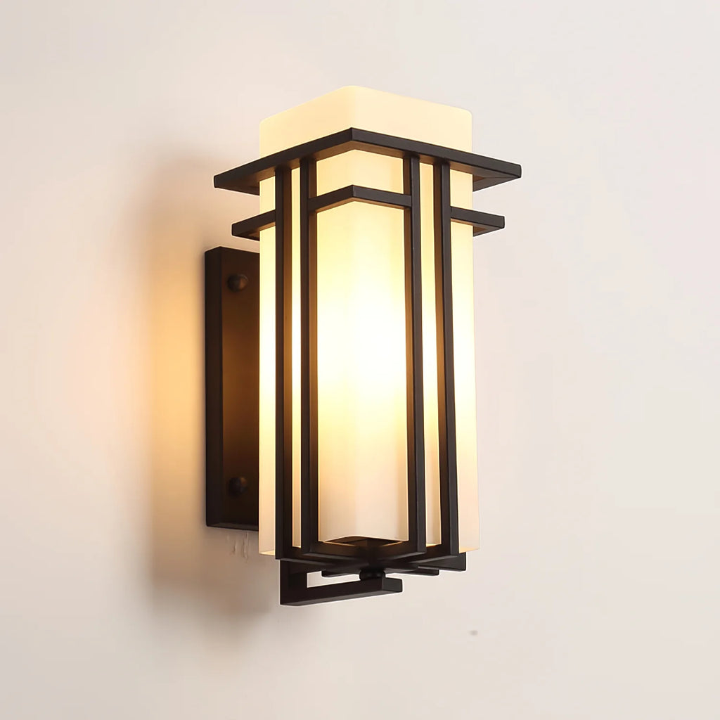 Outdoor Wall Sconce with Frosted Glass and Industrial Iron Frame Weatherproof Exterior Light