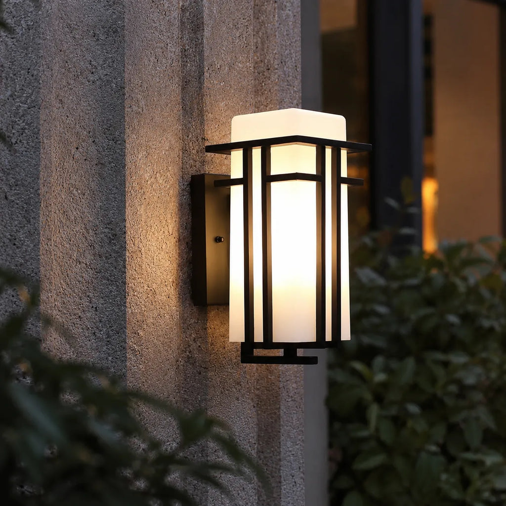 Outdoor Wall Sconce with Frosted Glass and Industrial Iron Frame Weatherproof Exterior Light