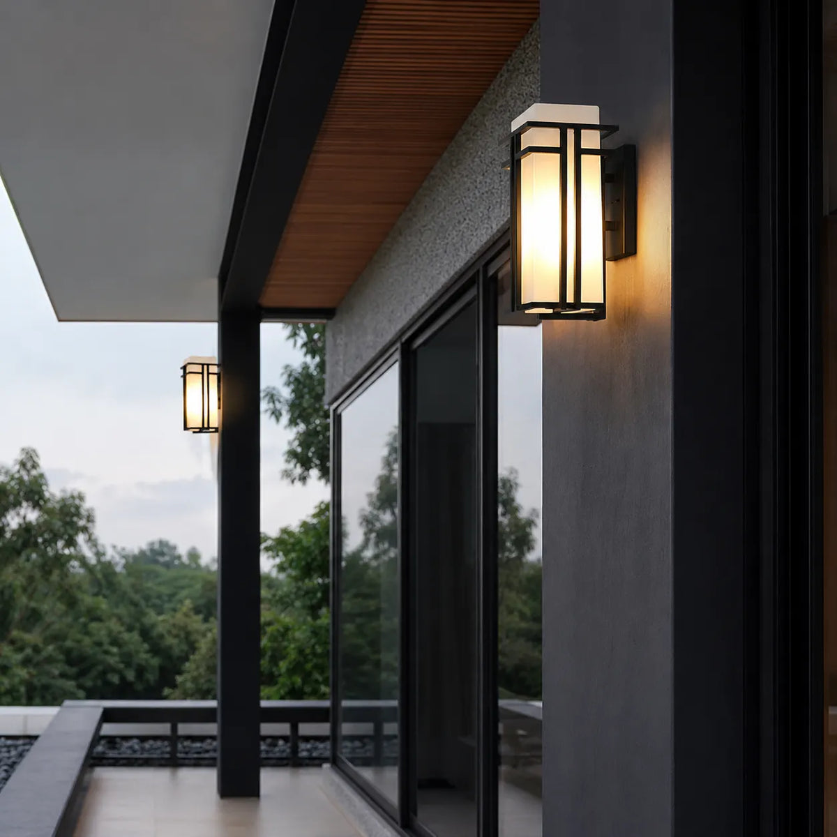 Outdoor Wall Sconce with Frosted Glass and Industrial Iron Frame Weatherproof Exterior Light