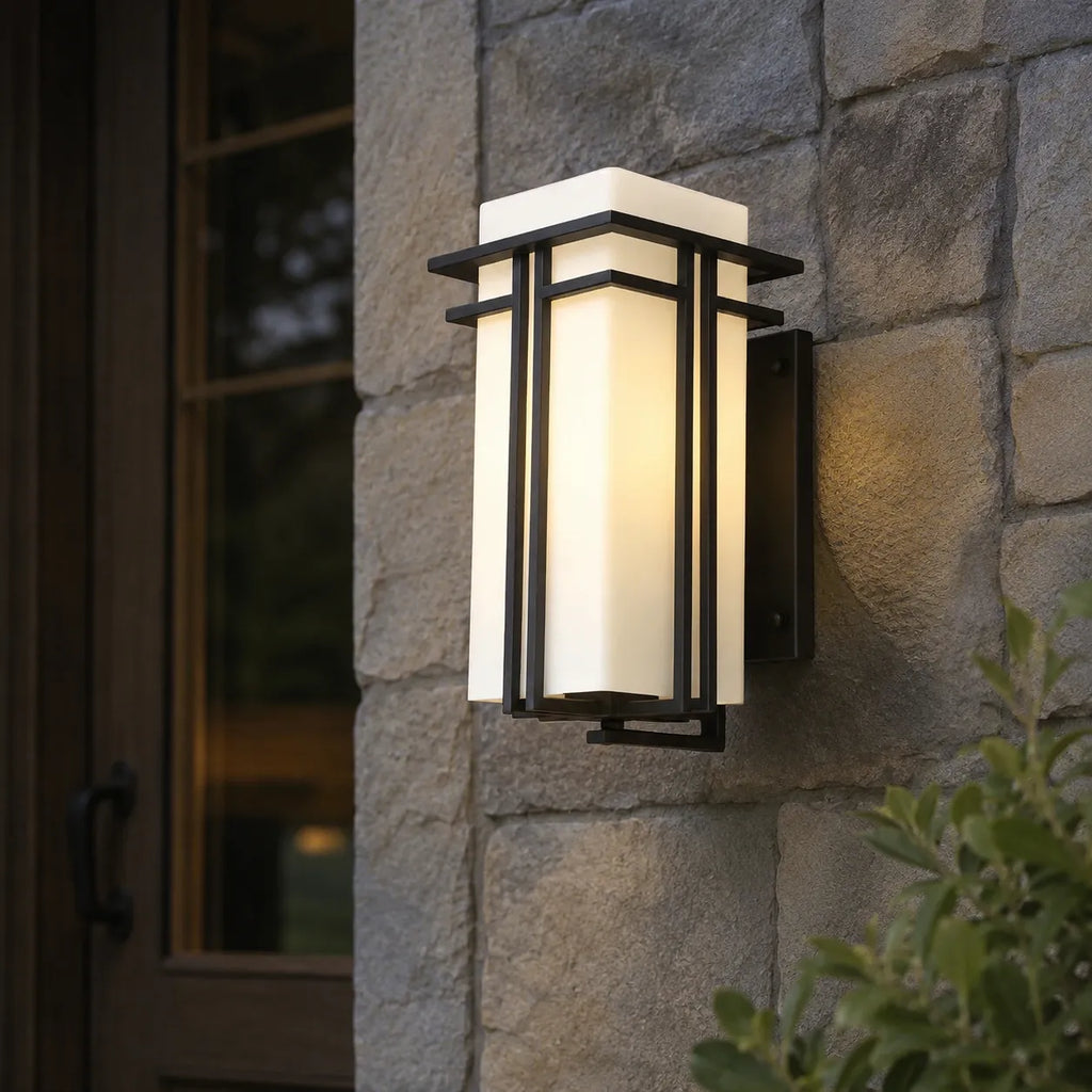 Outdoor Wall Sconce with Frosted Glass and Industrial Iron Frame Weatherproof Exterior Light