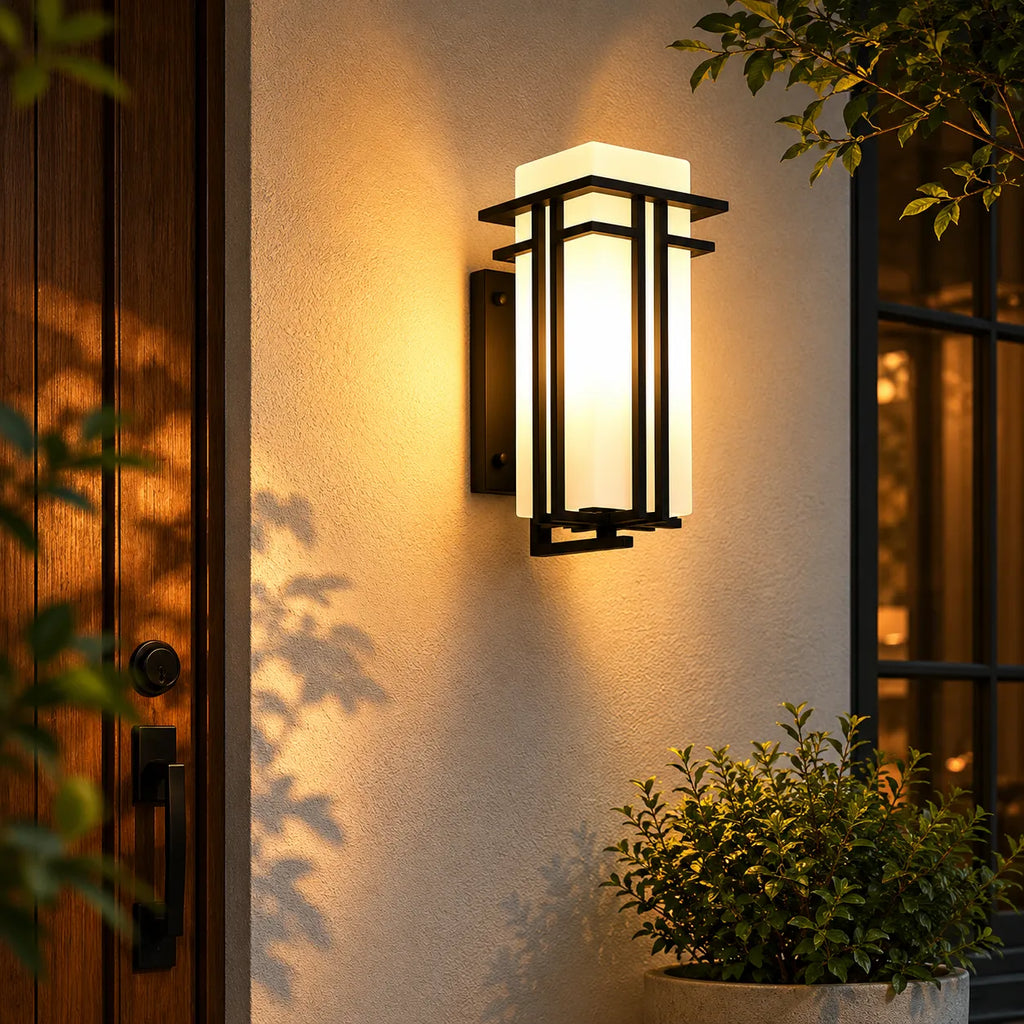Outdoor Wall Sconce with Frosted Glass and Industrial Iron Frame Weatherproof Exterior Light