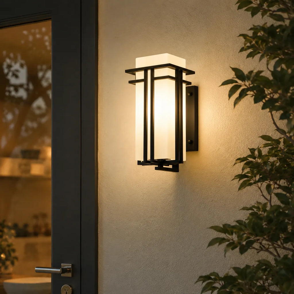 Outdoor Wall Sconce with Frosted Glass and Industrial Iron Frame Weatherproof Exterior Light