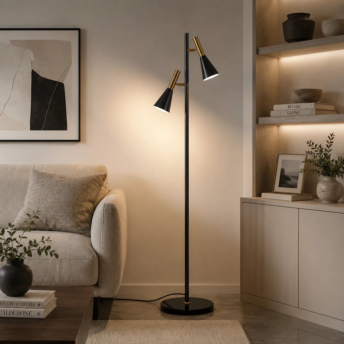 Lampadaire avec abat-jour orientable réglable, base en marbre et design nordique moderne