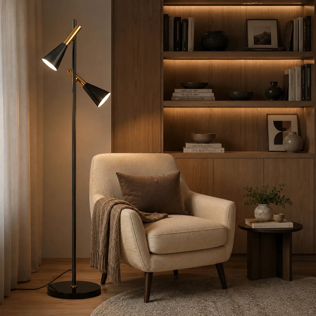 Lampadaire avec abat-jour orientable réglable, base en marbre et design nordique moderne