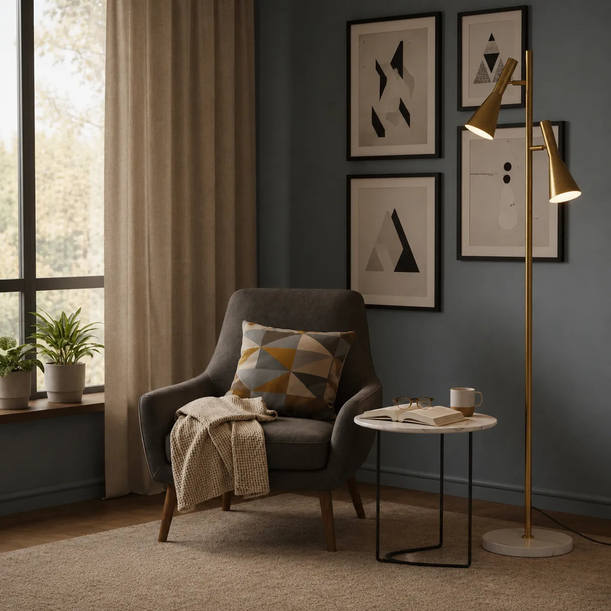 Lampadaire avec abat-jour orientable réglable, base en marbre et design nordique moderne