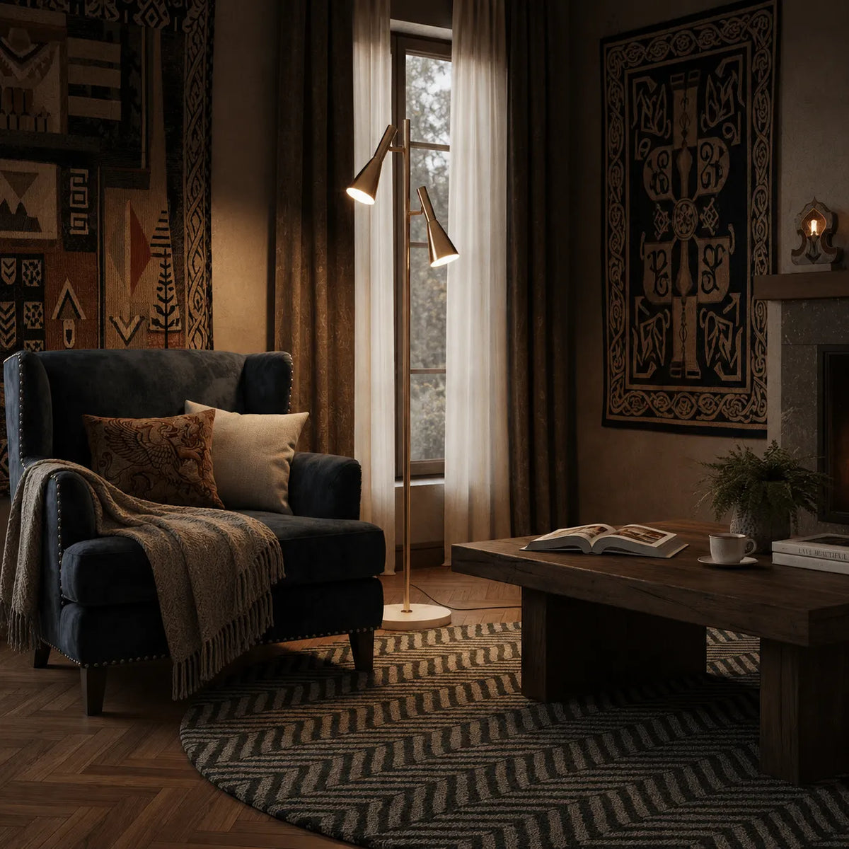 Lampadaire avec abat-jour orientable réglable, base en marbre et design nordique moderne