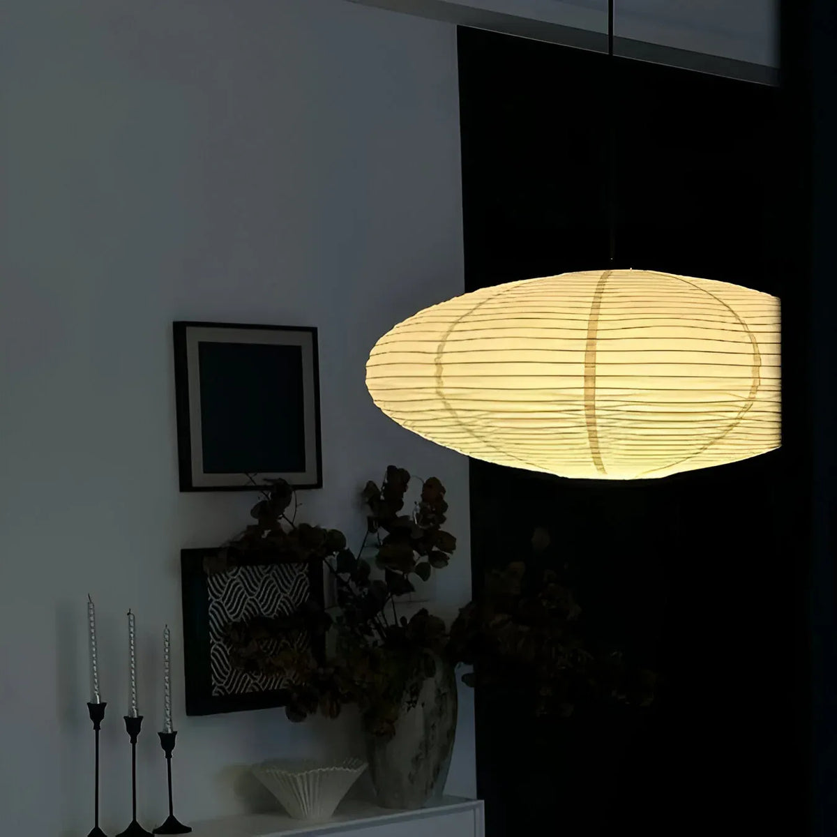 LED Pendant Light with Sculpted Mulberry Paper Shade and Modern Angular Design