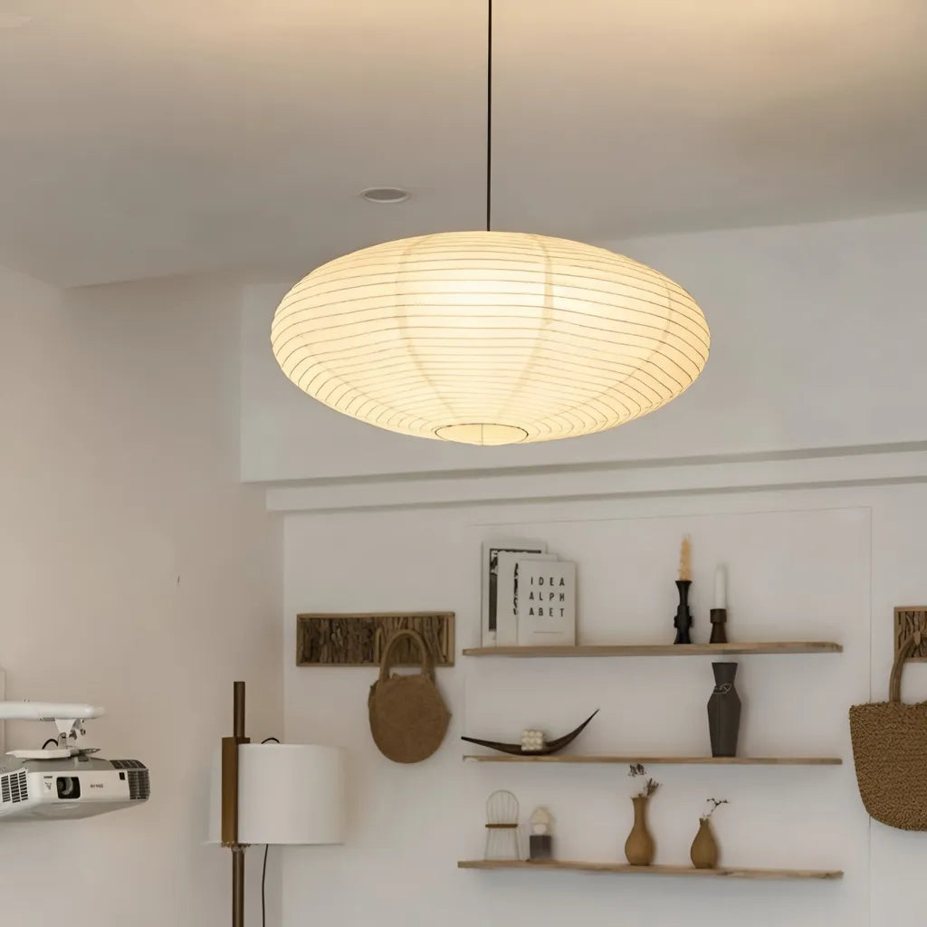 LED Pendant Light with Sculpted Mulberry Paper Shade and Modern Angular Design