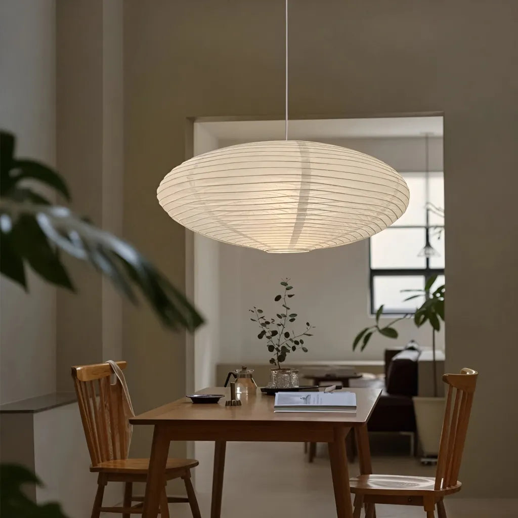 LED Pendant Light with Sculpted Mulberry Paper Shade and Modern Angular Design