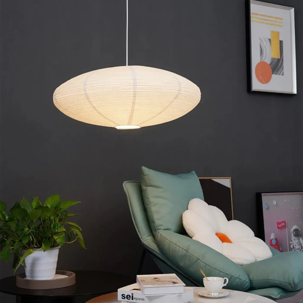 LED Pendant Light with Sculpted Mulberry Paper Shade and Modern Angular Design
