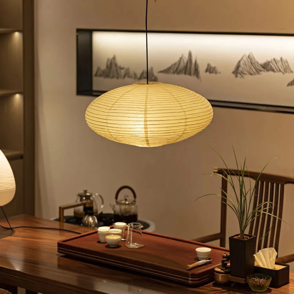 LED Pendant Light with Sculpted Mulberry Paper Shade and Modern Angular Design
